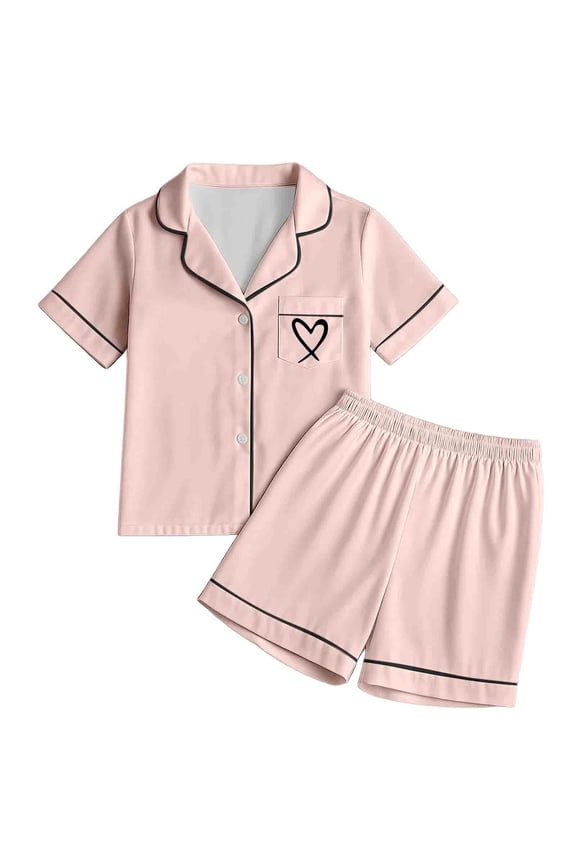 Girls Button-Down Pajama Set Two-Piece Heart Print Sleepwear Soft Comfortable Loungewear for Tweens Size:12-13 Years
