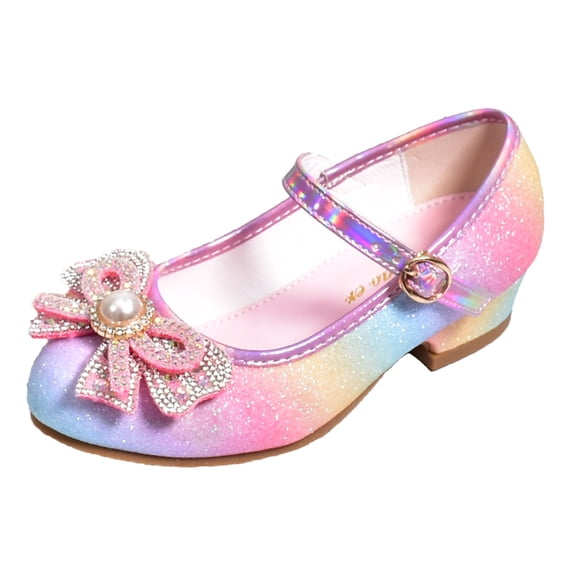 Djtdsds Girls Glitter Bow Mary Jane Heels, Sparkly Princess Dress Shoes Color:Pink,Size:5.5-6 Years