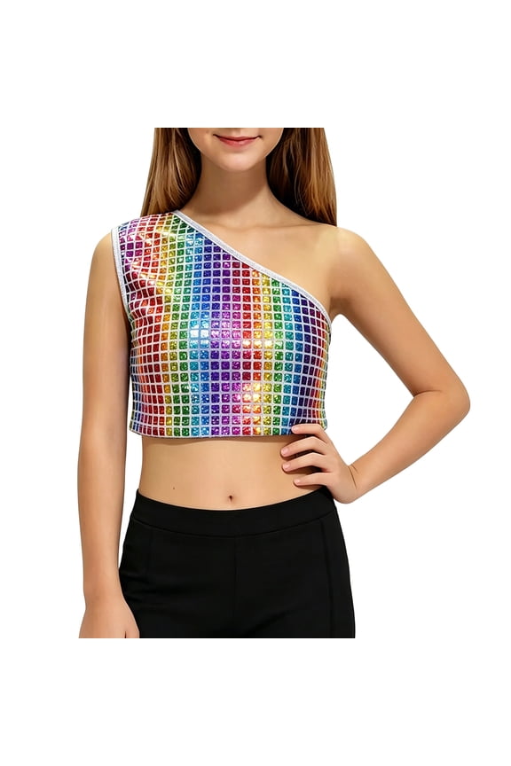 Girls' Iridescent Grid Sequin One-Shoulder Crop Top for Dance & Performances Size:7-10 Years
