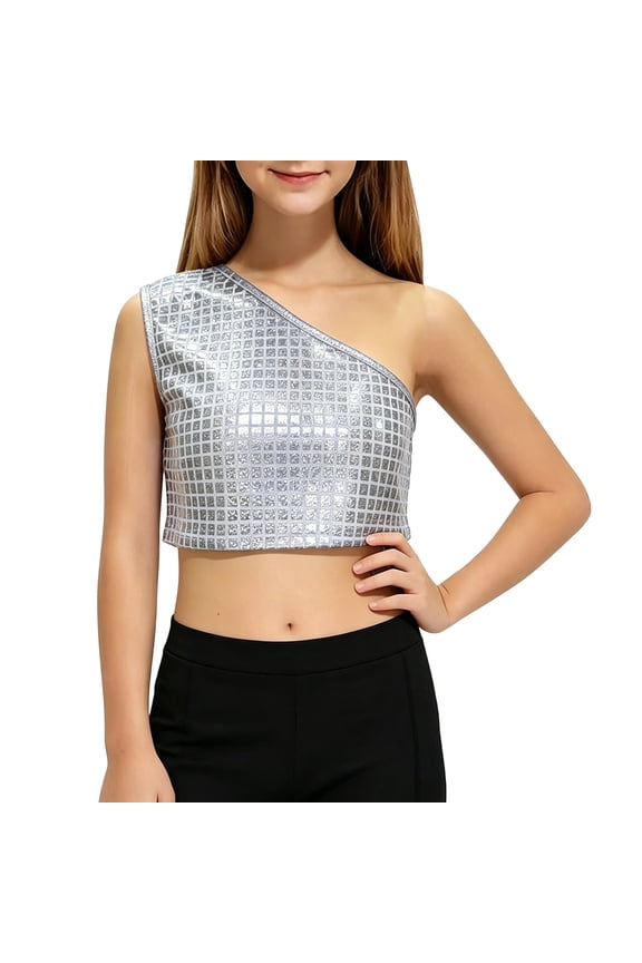 Girls' Iridescent Grid Sequin One-Shoulder Crop Top for Dance & Performances Size:7-10 Years