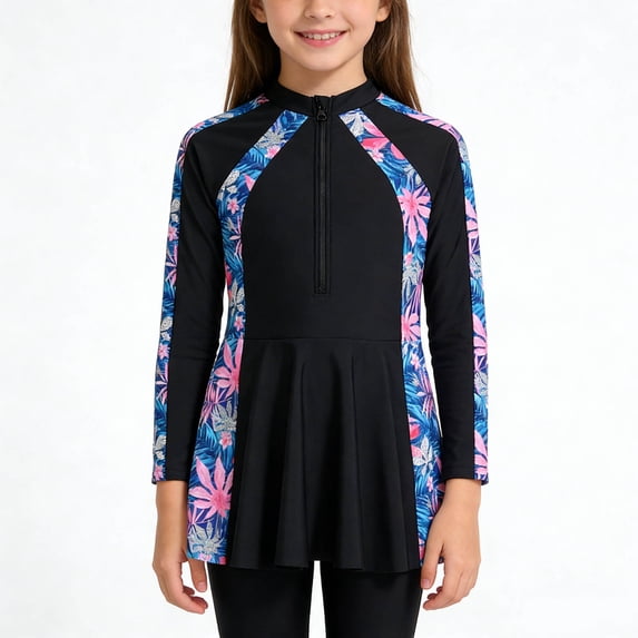 Djtdsds Girls Long Sleeve Rash Guard Swimsuit Set UPF 50+ Floral Print Zipper Front Two Piece with Leggings Size:7-8 Years