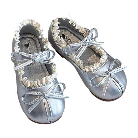 Djtdsds Girls Pearl Mary Jane Shoes Lace Trim Bow Flats with Adjustable Strap for Dress and Casual Wear Size:12.5