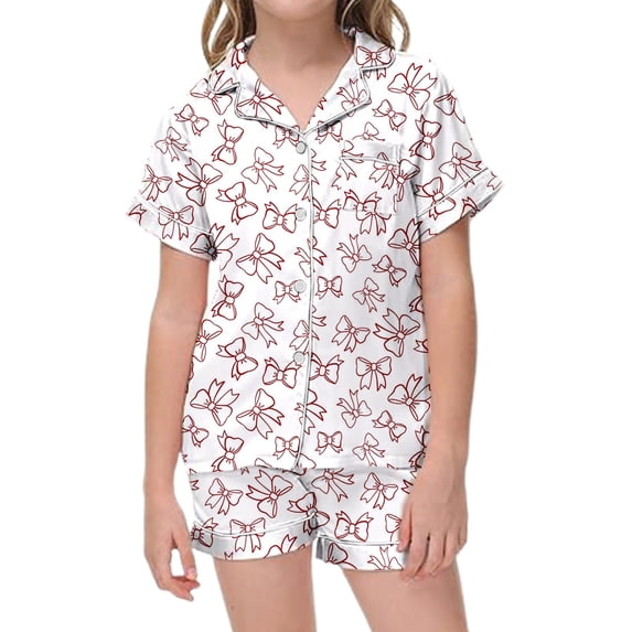 Djtdsds Girls' Satin Pajama Bow Print Short Sleeve Button Top with Shorts Set Size:3-4 Years