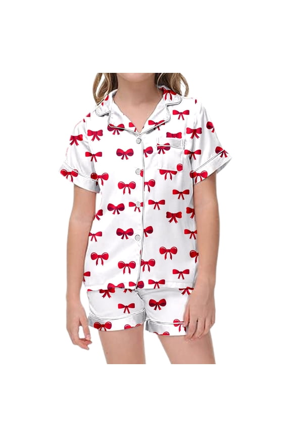 Girls' Satin Pajama Bow Print Short Sleeve Button Top with Shorts Set Size:4-5 Years