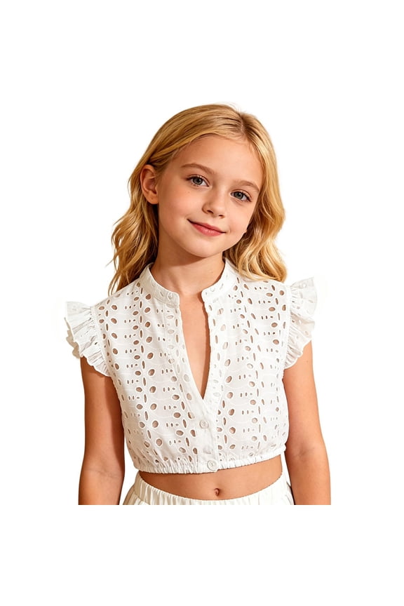 Girls' Solid Color Eyelet Embroidered Ruffle Sleeve Crop Top Size:7-8 Years