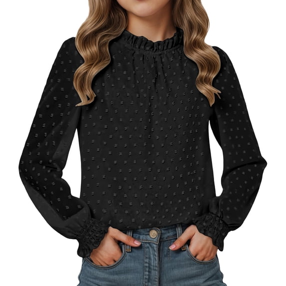 Djtdsds Girls Solid Color Flocked Dotted Chiffon Blouse Ruffled Neck Long Sleeve Top Size:11-12 Years