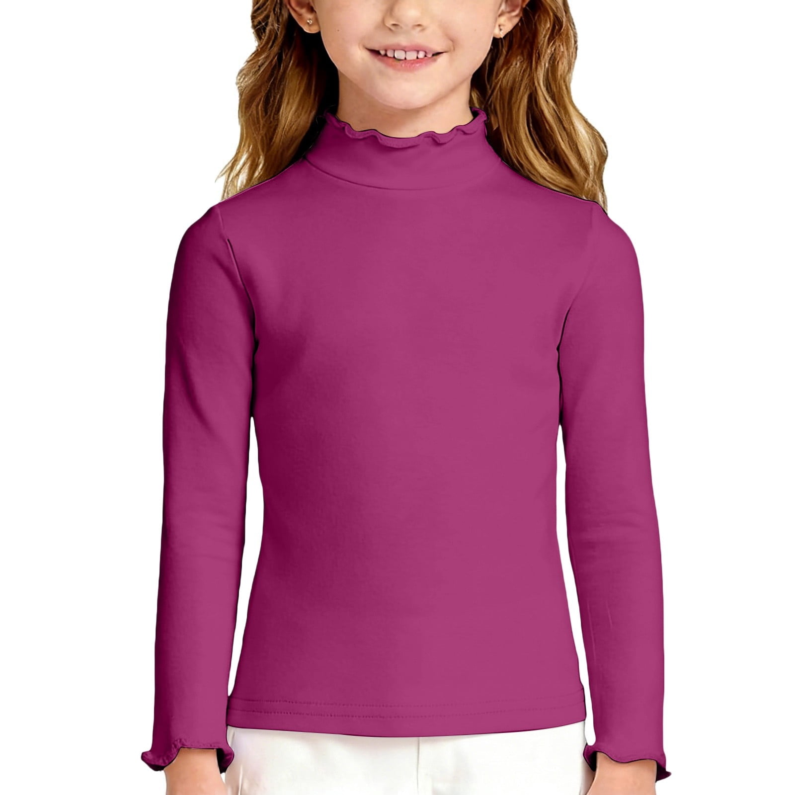 Djtdsds Girls Solid Color Ribbed Ruffle Neck Long Sleeve Top Slim Fit ...