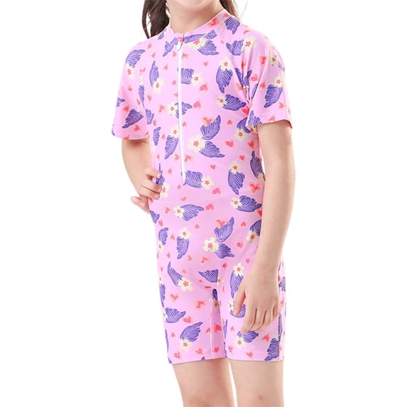 Djtdsds Kids Floral & Heart Print One Piece Rash Guard Swimsuit with Short Sleeve Size:2XL