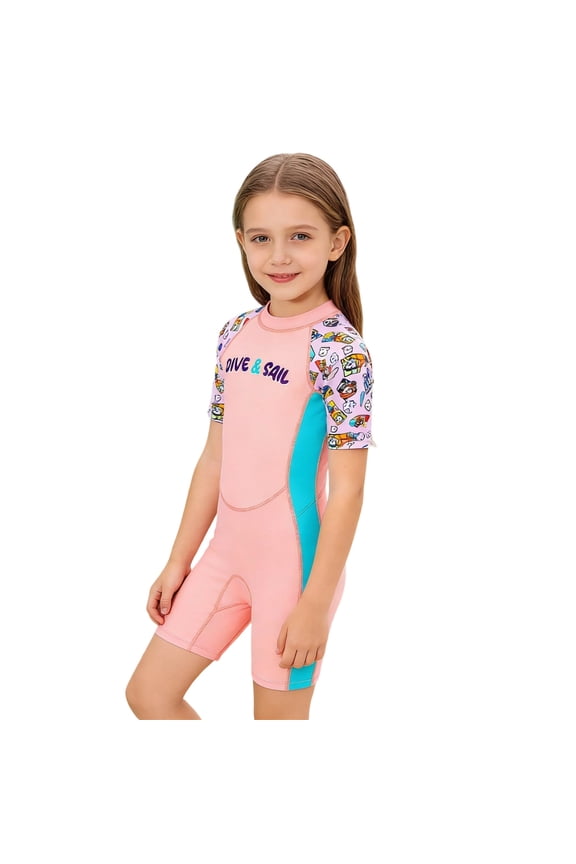 Kids One Piece Shorty Wetsuit Navy Blue Cartoon Print Short Sleeve Back Zip Swimwear Size:4-5 Years