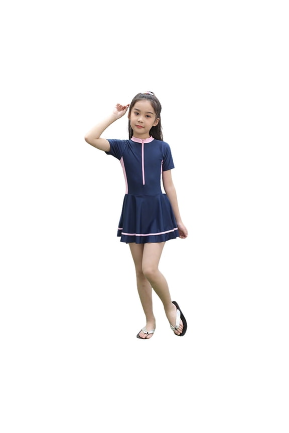 Teen Girls Navy Pink One Piece Swimwear Zipper Front Ruffle Skirt Beachwear Size:10-12 Years