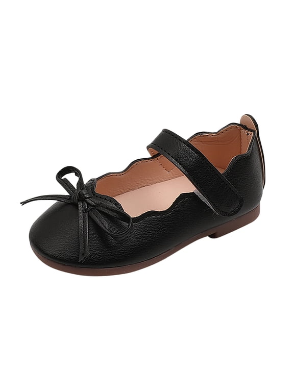 Toddler Girls Solid Color Bow Mary Jane Flats Scalloped Hook and Loop Dress Shoes Size:7