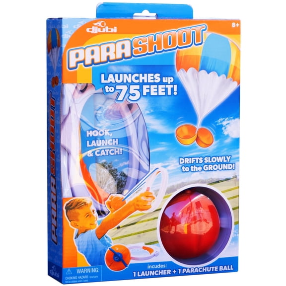 Djubi: Parashoot - Slingshot Flying Toy Parachute Ball, Launches 75' & Slowly Drifts Down, Hook-Launch-Catch, Outdoor-Beach-Yard Game, Family Kid Play