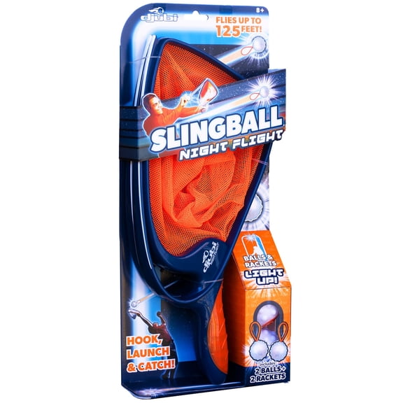 Djubi: Slingball Night Flight - Light-Up Slingshot Catching Game, Hook & Launch Up to 125', 2 Balls & Net Brackets, Outdoor-Yard-Party-Sports Play