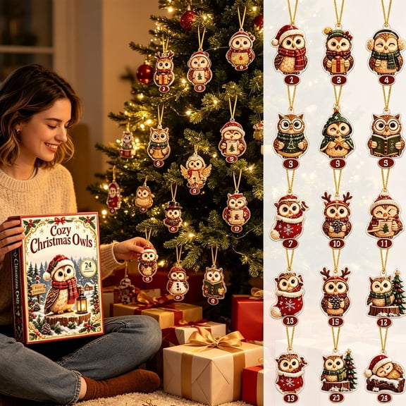 Djunllk 24 Days Owl Advent Calendar Acrylic Hanging Ornaments Christmas Countdown Box with 24pcs Owl Pendant Decorations
