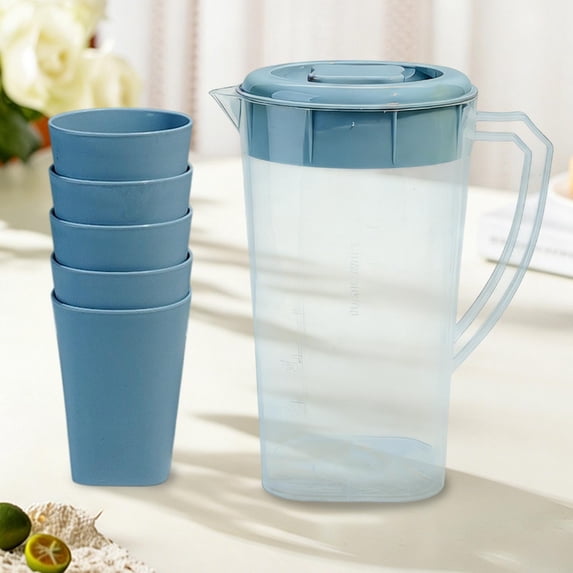 Djunllk 74 oz 2.2 Liter Pitcher with 5 Cups & Lid Large Water Jug for Ice Tea Cold Water Juice Containers for Coffee Juice and Homemade Beverage