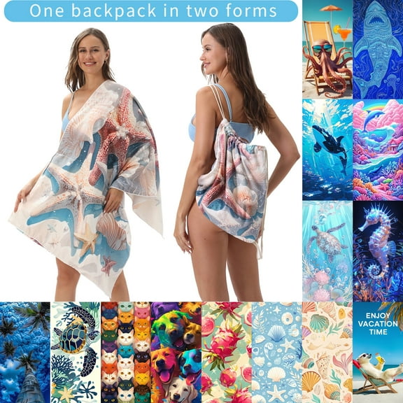 Djunllk Beach Bag, 2-in-1 Beach Towel Microfiber Sand Free, Foldable Towel Shawl Super Absorbent Lightweight, Drawstring Backpack for Travel Pool Camping, Beach Vacation Essentials, 31.5" x 62.9"