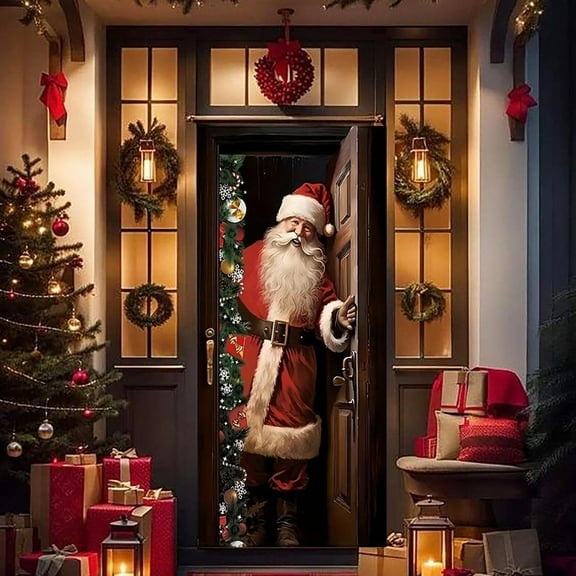 Djunllk Christmas Celebration Door Cover Winter Door Cover for Holiday Door Banner Photo Background Door Decoration Home Party Decoration Supplies, 70.9 x 35.4
