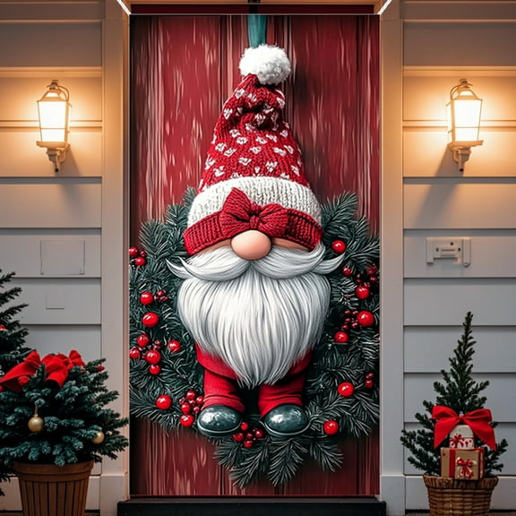 Djunllk Christmas Decorations Door Cover for Front Door Decor, 3D Visual Effects Santa Claus Snowman Gnomes Pattern Banner Xmas Winter Seasonal Holiday Party Porch Wall Hanging Cover, 71 x 35 inches