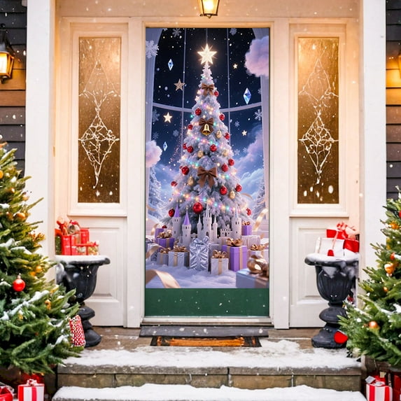 Djunllk Christmas Door Cover Decoration Photography Backdrop Outdoor Sign for Home Wall Indoor Outdoor Party, 72.8 x 35.4