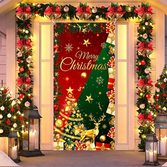 Djunllk Christmas Door Cover Decoration Photography Backdrop Outdoor Sign for Home Wall Indoor Outdoor Party, 72.8 x 35.4