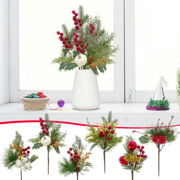 Djunllk Christmas Flowers, Simulated Needle Green Plant Artificial Christmas Flowers for Christmas/Holiday/Wedding/Winter Home Party Decor Christmas Floral