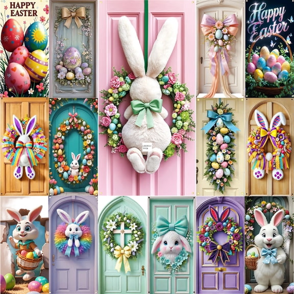 Djunllk Easter Door Cover - Cute Bunny & Easter Eggs Door Covers Happy Easter Door Decorations Indoor Outdoor Spring Party Wall Backdrop for Room Door Garden, 70.8 x 35.4 inch