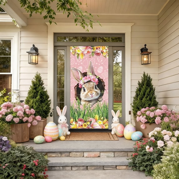 Djunllk Easter Door Cover - Fine Bunny Eggs Pattern Easter Theme Spring Decor for Holiday Party Room Wall Front Door Outdoor Indoor, 70.8 x 35.4 inch