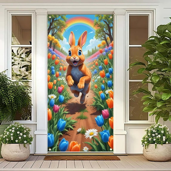 Djunllk Easter Door Cover - Fine Bunny Eggs Pattern Easter Theme Spring Decor for Holiday Party Room Wall Front Door Outdoor Indoor, 70.8 x 35.4 inch