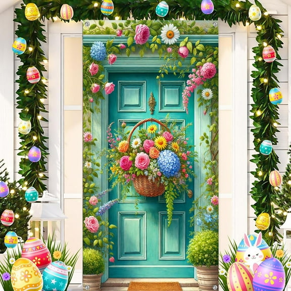 Djunllk Easter Door Cover - Fine Bunny Eggs Pattern Easter Theme Spring Decor for Holiday Party Room Wall Front Door Outdoor Indoor, 70.8 x 35.4 inch