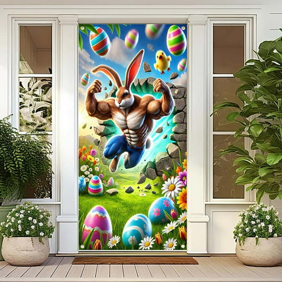 Djunllk Easter Door Cover - Fine Bunny Eggs Pattern Easter Theme Spring Decor for Holiday Party Room Wall Front Door Outdoor Indoor, 70.8 x 35.4 inch