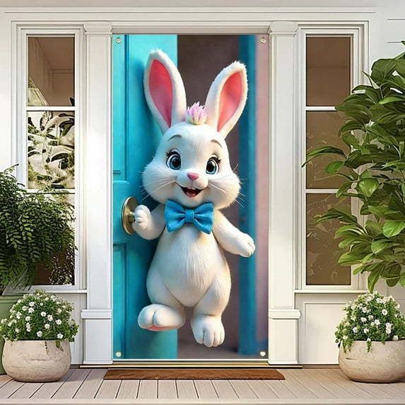 Djunllk Easter Door Cover - Fine Bunny Eggs Pattern Easter Theme Spring Decor for Holiday Party Room Wall Front Door Outdoor Indoor, 70.8 x 35.4 inch