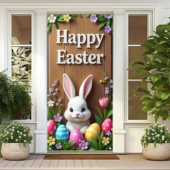 Djunllk Easter Door Cover - Fine Bunny Eggs Pattern Easter Theme Spring Decor for Holiday Party Room Wall Front Door Outdoor Indoor, 70.8 x 35.4 inch