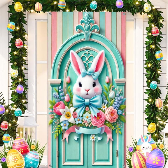 Djunllk Easter Door Cover - Fine Bunny Eggs Pattern Easter Theme Spring Decor for Holiday Party Room Wall Front Door Outdoor Indoor, 70.8 x 35.4 inch