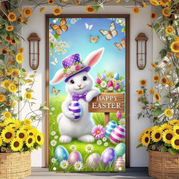 Djunllk Easter Door Cover - Fine Bunny Eggs Pattern Easter Theme Spring Decor for Holiday Party Room Wall Front Door Outdoor Indoor, 70.8 x 35.4 inch