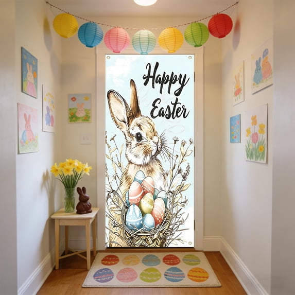 Djunllk Easter Door Cover - Fine Bunny Eggs Pattern Easter Theme Spring Decor for Holiday Party Room Wall Front Door Outdoor Indoor, 70.8 x 35.4 inch
