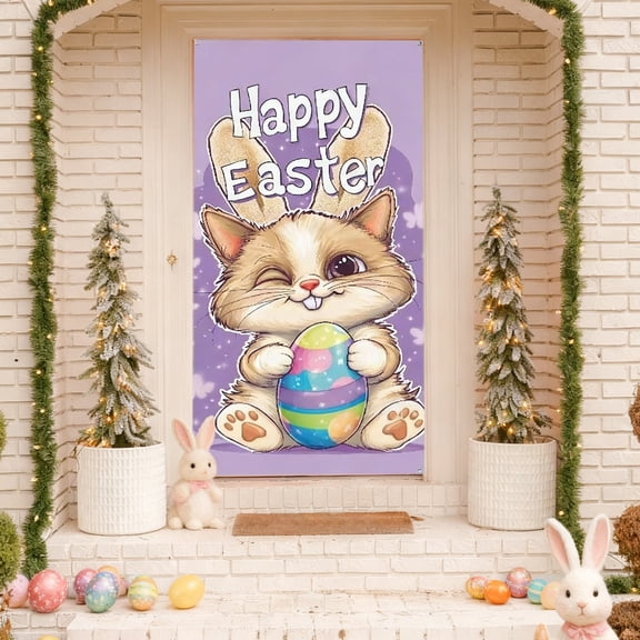 Djunllk Easter Door Cover - Fine Bunny Eggs Pattern Easter Theme Spring Decor for Holiday Party Room Wall Front Door Outdoor Indoor, 70.8 x 35.4 inch