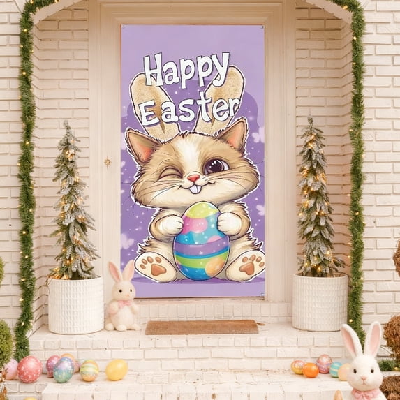 Djunllk Easter Door Cover - Fine Bunny Eggs Pattern Easter Theme Spring Decor for Holiday Party Room Wall Front Door Outdoor Indoor, 70.8 x 35.4 inch