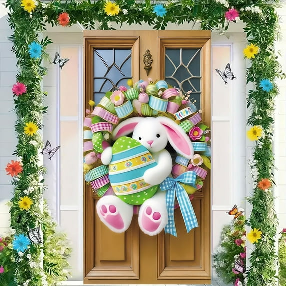Djunllk Easter Door Cover - Fine Bunny Eggs Pattern Easter Theme Spring Decor for Holiday Party Room Wall Front Door Outdoor Indoor, 70.8 x 35.4 inch