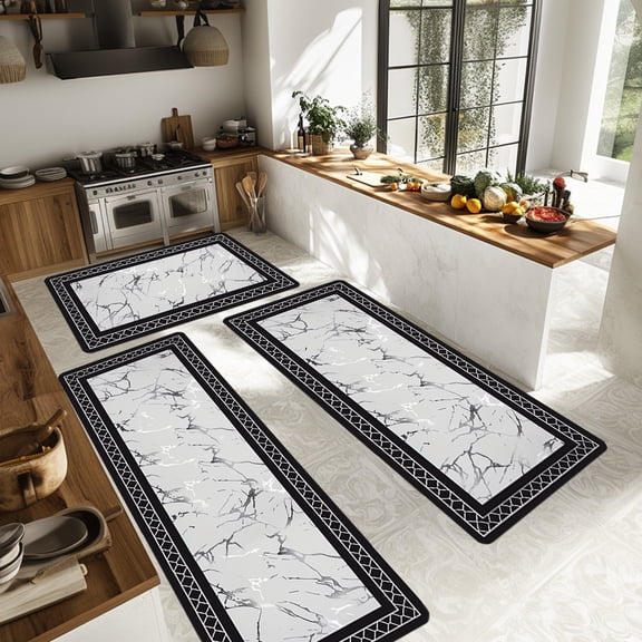 Djunllk Floor Mat 3 Pcs - Non Slip Marble Pattern Kitchen Mat Home Decoration Carpet Indoor for Living Room Bedroom Kitchen
