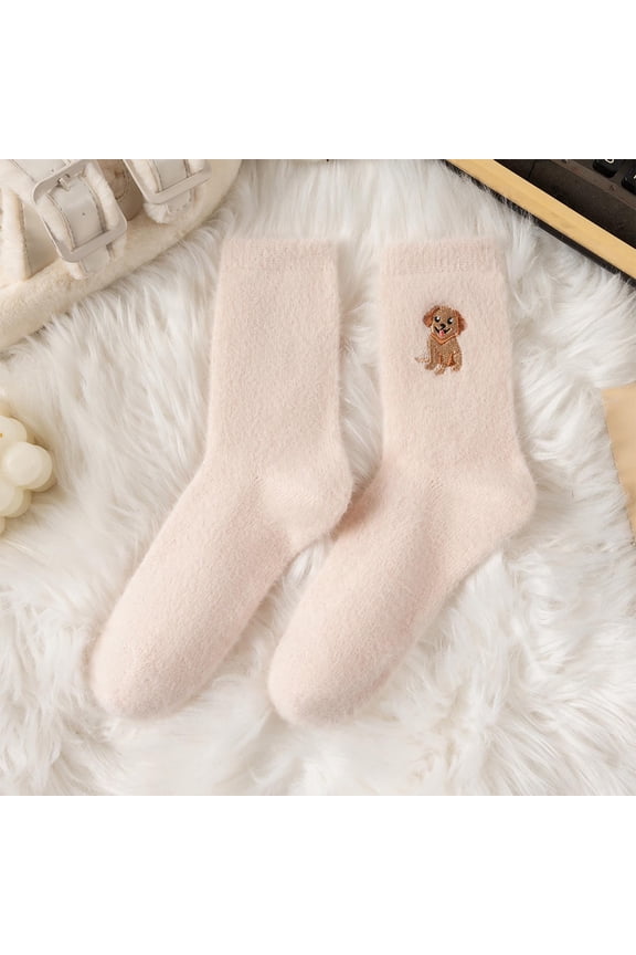 Fuzzy Mid Calf Socks Women - Winter Fleece Lined Floor Socks Thick & Warm Womens Socks with Adorable Puppy Embroidery