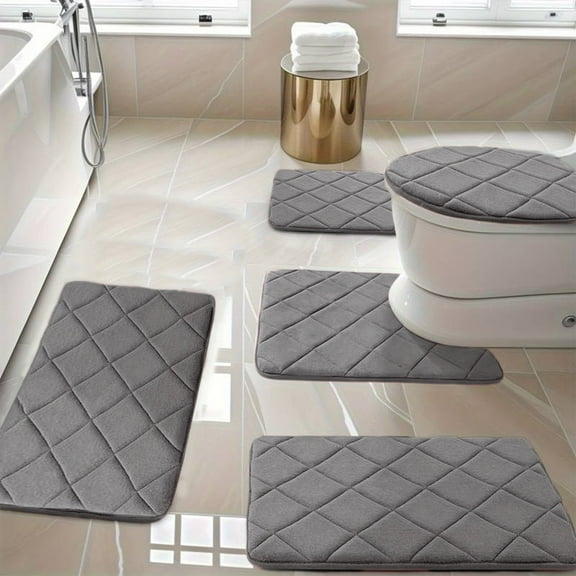Djunllk Memory Foam 5 Piece Bathroom Rug Set Universal Soft Comfortable Water Absorption Non-Slip Thick Machine Washable Easier to Dry Dark Bathroom Rug Set