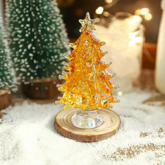 Djunllk Mini Christmas Tree - 2.4in/6cm Tall Exquisite Crystal Christmas Tree Ornaments Aesthetic Miniature Glass Xmas Tree Tabletop Christmas Decoration Medium Size, Yellow