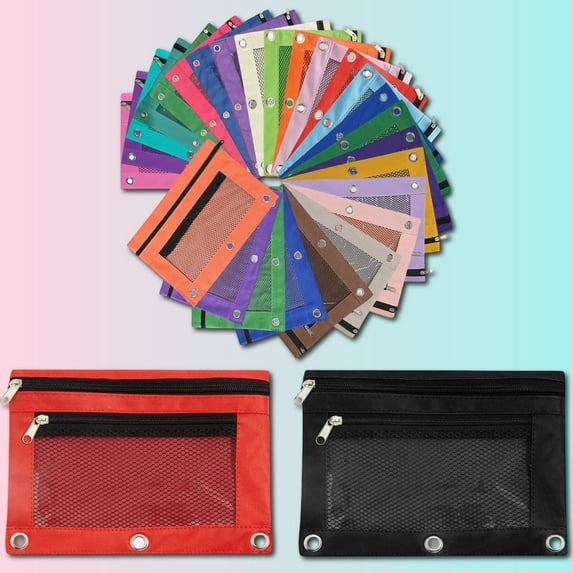 Djunllk Pencil Pouch 3 Ring Binder Pencil Case, Fabric Pencil Bag with Smooth Zipper Mesh Clear Window, Pencil Case Pouch for Binder, 3 Reinforced Grommets, Zipper Pouch Cute Pencil Case, 9.8x7.5 In