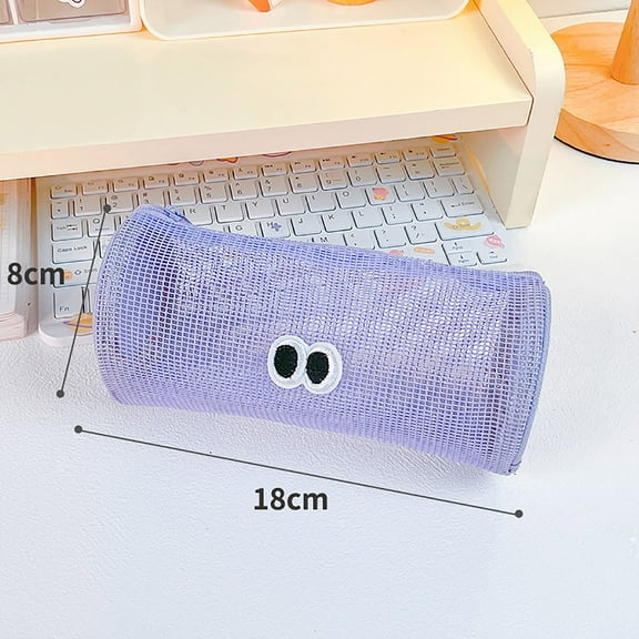 Djunllk Pencil Pouch - Cylindric Minimalist Mesh Zipper Pouch Lightweight Portable Cute Big Eyes Pencil Bag for Travel Office Stationary Organization