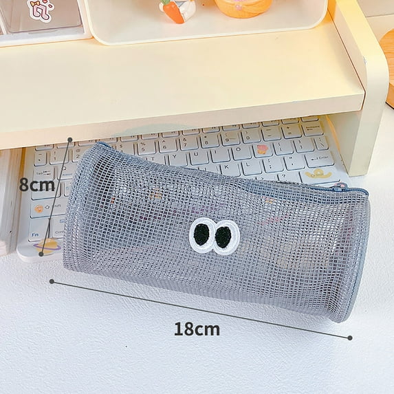 Djunllk Pencil Pouch - Cylindric Minimalist Mesh Zipper Pouch Lightweight Portable Cute Big Eyes Pencil Bag for Travel Office Stationary Organization