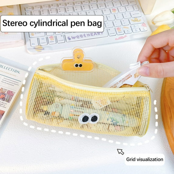 Djunllk Pencil Pouch - Cylindric Minimalist Mesh Zipper Pouch Lightweight Portable Cute Big Eyes Pencil Bag for Travel Office Stationary Organization