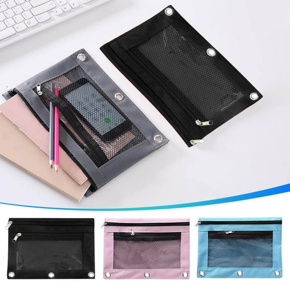 Djunllk Pencil Pouch Sets of 3 Pcs - Large Capacity Oxford Cloth Binder Zipper Pouch Double Layers Pencil Bag with 3 Grommets for Travel Storage Office Supplies Storage