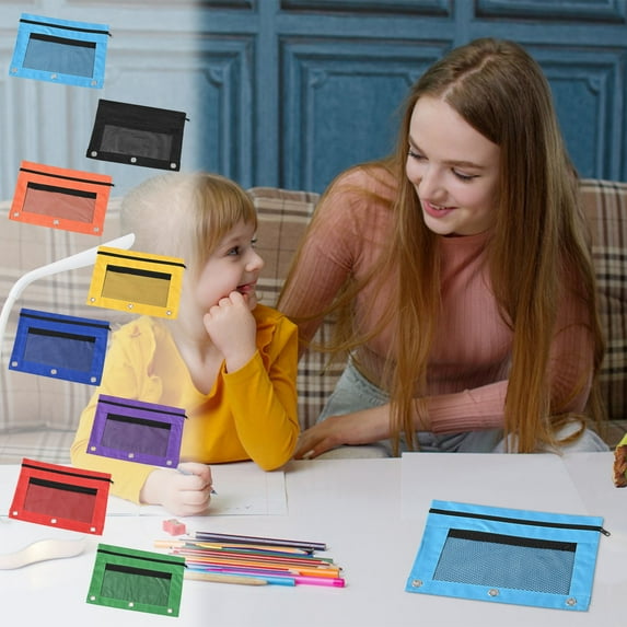 Djunllk Pencil Pouch Sets of 5 Pcs - Large Capacity Oxford Cloth Binder Zipper Pouch Double Layers Pencil Bag with 3 Grommets for Travel Storage Office Supplies Storage