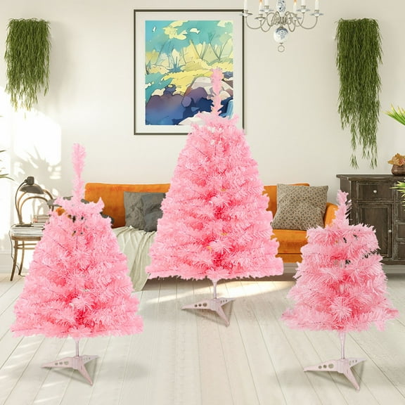 Djunllk Small Artificial Christmas Tree with Lights, 1.48ft/45cm Tall Aesthetic Pink Christmas Tree for Home Office, Christmas Decorations