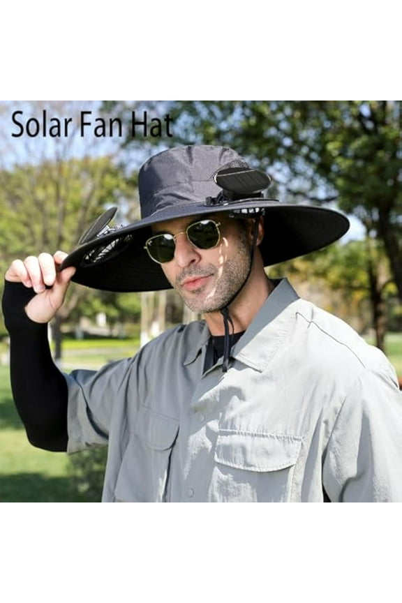 Solar Fan Hat with 2 Solar Fans Rechargeable Adjustable 3 Speed Gears, Wide Brim Summer Bucket Hat, Mini Portable Fan Fishing Hat Sun Hat for Men Women